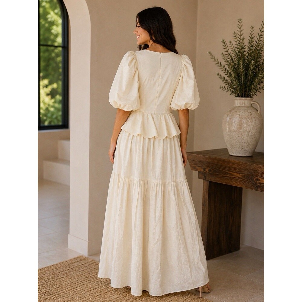 Hunter Bell Ivory Square Neck Puff Sleeve Backless Maxi Dress - Picture 2 of 12